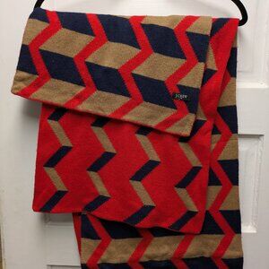 J. Crew Wool Blend Knitted Scarf red blue tan geometric long scarf 15.5" W L 60+